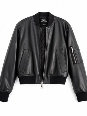 ZARA Black Faux Leather Bomber Jacket Zip Up